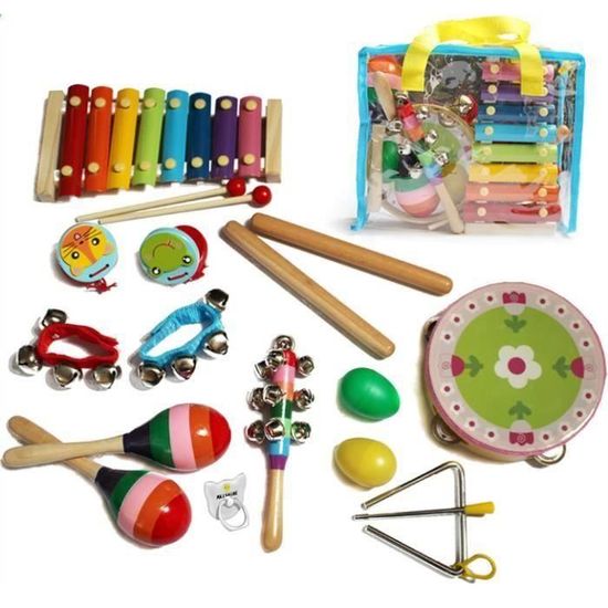 Commodum – Ensemble De 5 Instruments De Musique En Bois – Batterie, Tambourin, Clarinette – Jouet Montessori Pour Enfants 3-5 Ans