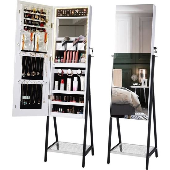 Vlsrka Armoire à Bijoux Avec Miroir Pleine Longueur LED - Marron - Murale Ou Porte