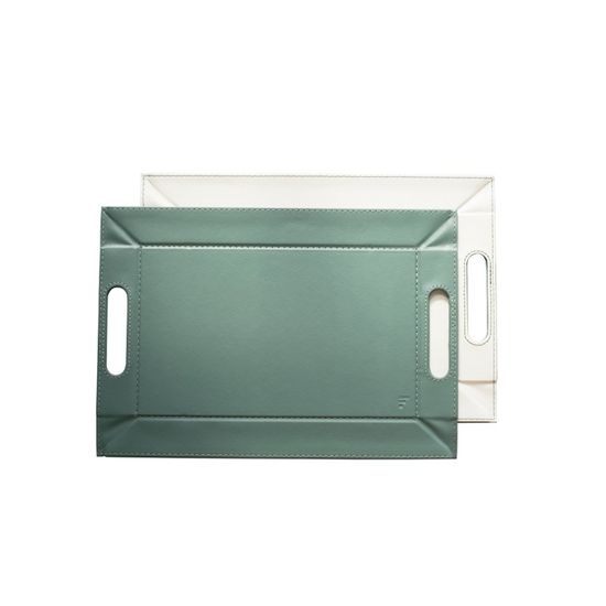 Plateau Réversible Freeform S - 45x35cm Vert Olive/Ivoire - Simili Cuir Avec Anses
