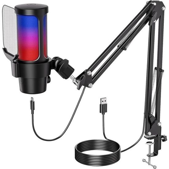 Veetop Microphone Condensateur USB Professionnel - Micro Gaming RGB avec Bouton de Silence, Micro pc pour Gaming Streaming Podcast Studio Enregistrement Gamer Stream Voix-Off, pour PS4/5 Mac Windows