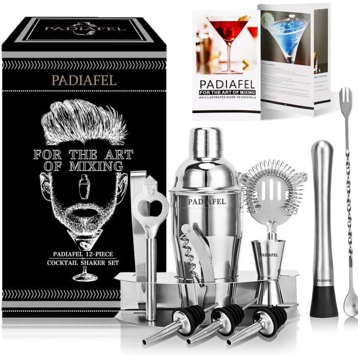 PADIAFEL Shaker à Cocktail, Shaker Cocktail Professionnel 12 Pièces, Kit Cocktail Shaker et Accessoires, Kit Barman Cocktail, Cadeau