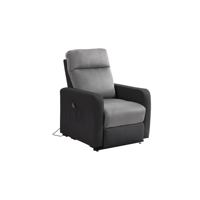 RICK Fauteuil RELAX électrique avec système releveur - PU noir + Microfibre grise