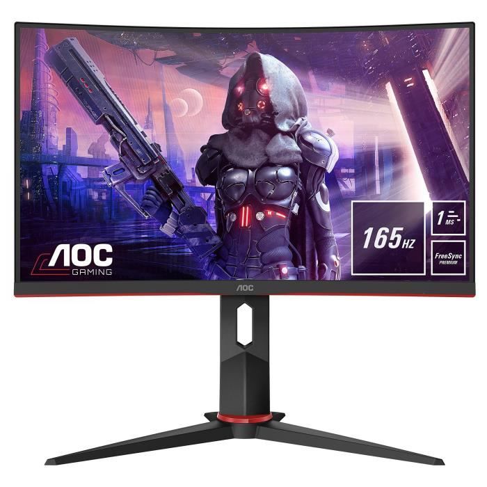 AOC C24G2U/BK - Ecran PC Gamer 24- - 1 ms - Dalle VA incurvée - 165 Hz - FreeSync Premium - DisplayPort/HDMI/VGA - Noir/Rouge