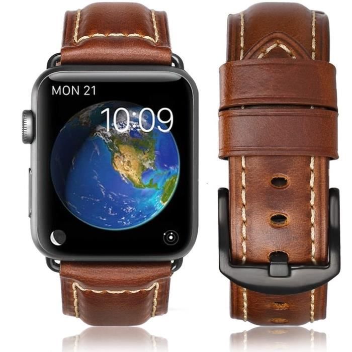 Bracelet en cuir véritable pour Apple Watch Band Series 8/7/6/5/4/3/2/1 couleur marron Pour iWatch 42mm ou 44mm/45mm/49mm