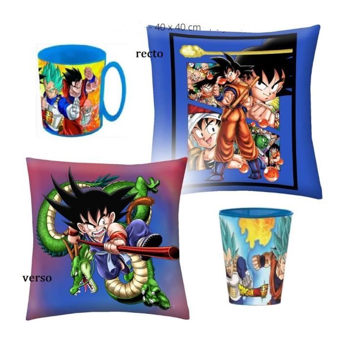 lot articles Dragon Ball Z, un coussin, un mug et un gobelet
