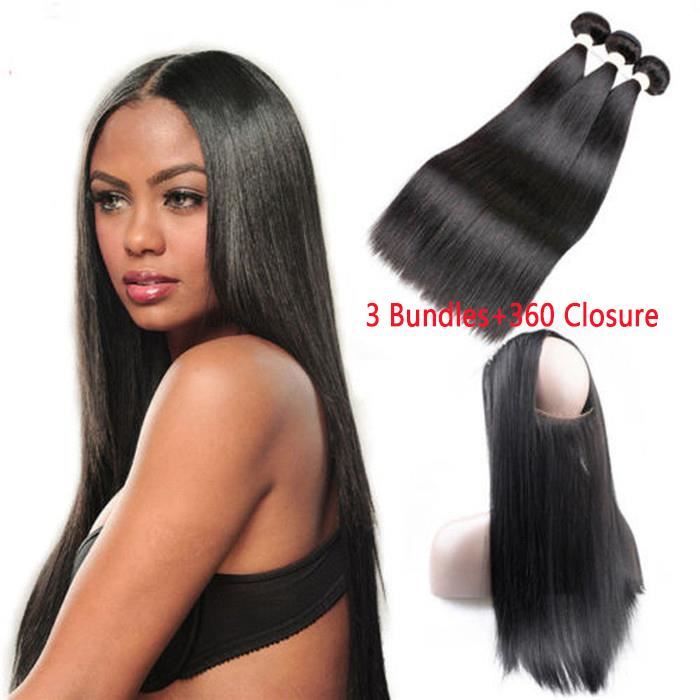 3 tissage bresilien avec 360 lace frontal closure cheveux humains 100% naturels 100g-p straight hiar 12 14 16+12pouces