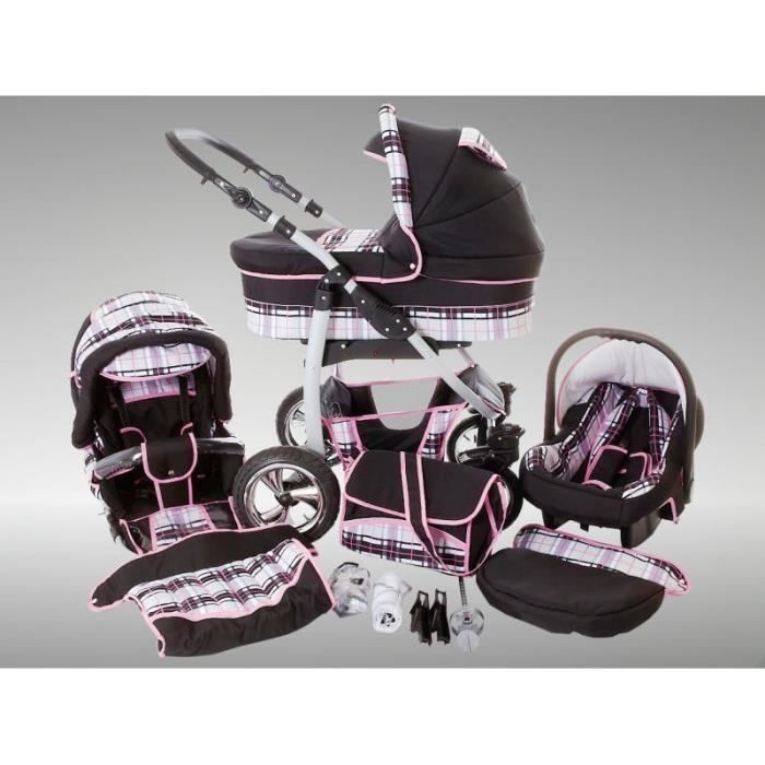 Dino Poussette Trio Nacelle Poussette Canne Siège auto Parasol Accessoires 41 noir & carreaux gris & couture rose
