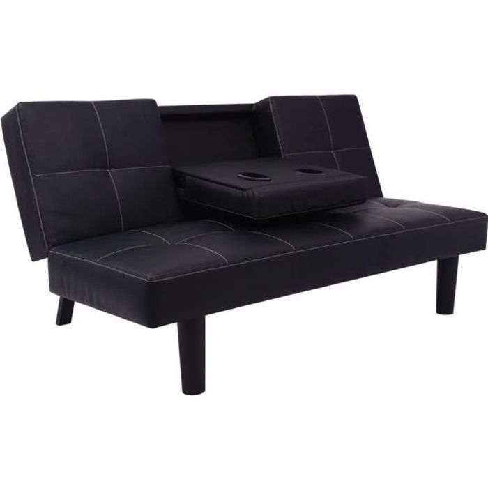 Canapé-lit avec table déroulante en cuir artificiel Noir Canapé-lit Canapé convertible Canapé d’angle