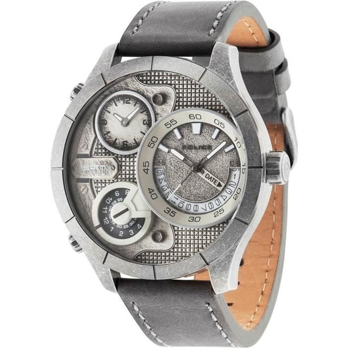 POLICE HOMME 52MM BRACELET CUIR GRIS QUARTZ CADRAN ARGENT MONTRE 14638XSQS/04