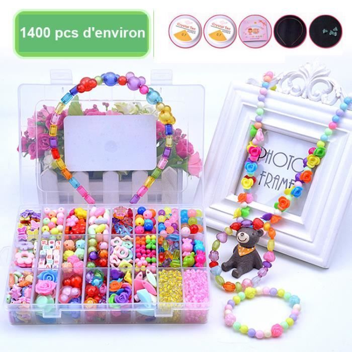 1400pcs Perles en Acrylique Bricolage Jouets Educatifs pour la Fabrication DIY Collier Bande Cheveux Bijoux pour Enfants 3 à 18 ans