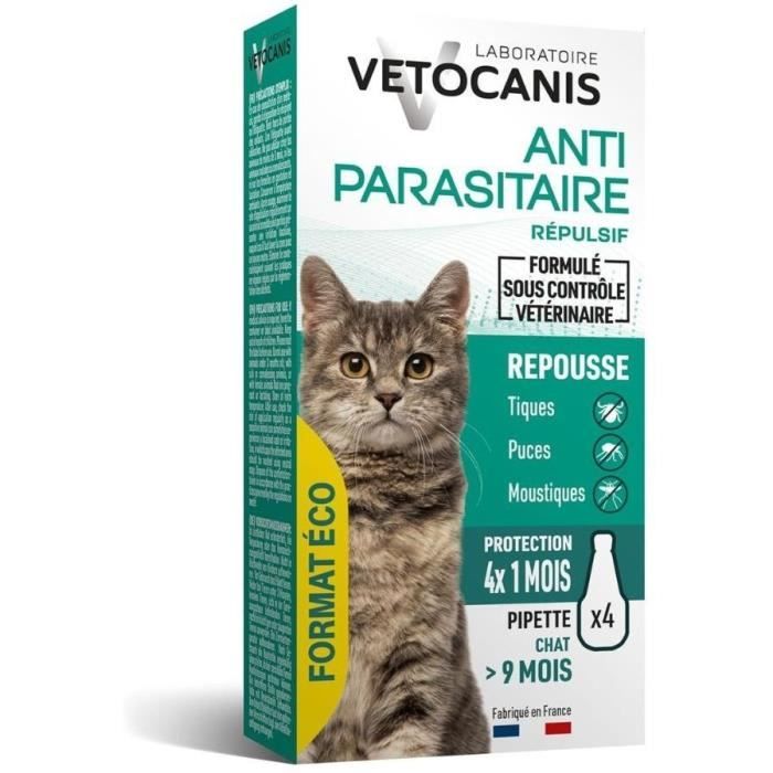 VETOCANIS 4 Pipettes Anti-puces et anti-tiques - Pour Chat - 4x 1 mois de protection