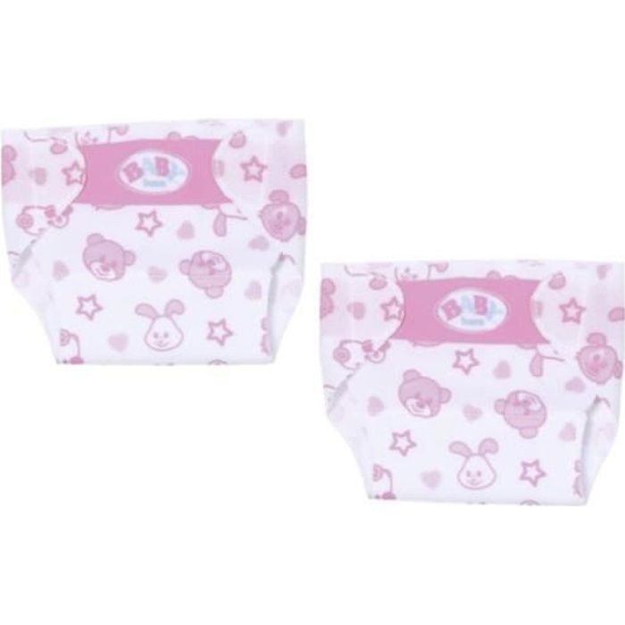 Pack de 2 Couches Culotte En Tissu Blanc Et Rose Baby Born pour Poupon Ou Poupee 36cm - Motif Lapin / Ours