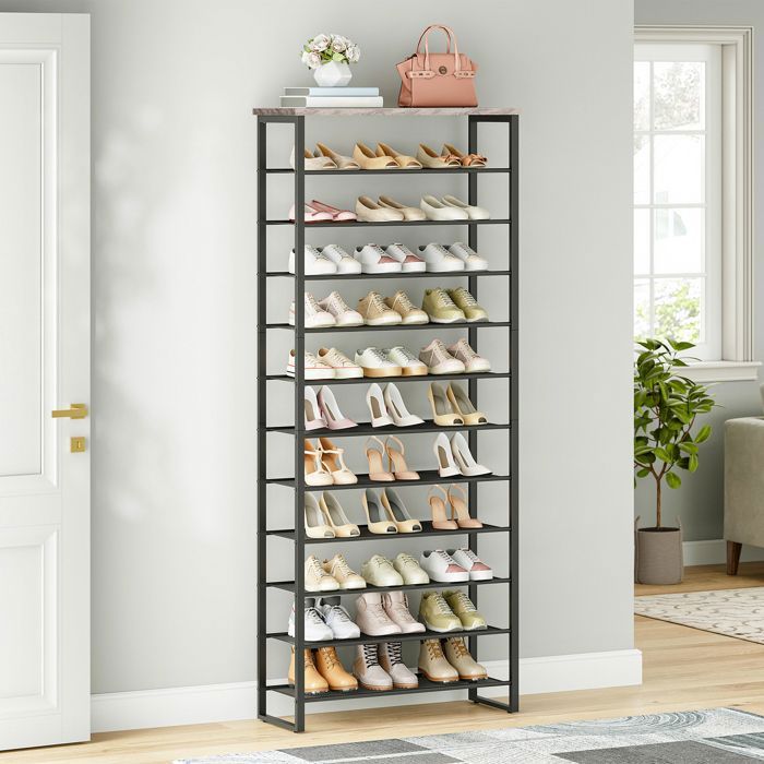 HOOBRO Étagère à Chaussures à 12 Niveaux Grande Porte-Chaussures Meubles à Chaussures 35 à 45 Paires Cadre en Métal Grège