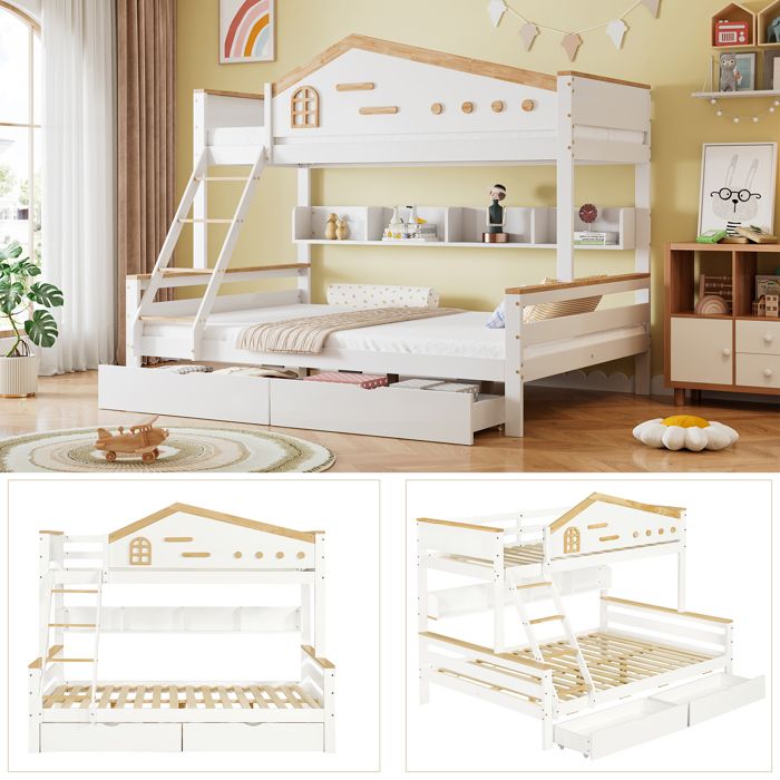 Lit superposé en bois 90x200cm + 140x200cm - avec échelle et 2 tiroirs - Blanc & Naturel Lit superposé en bois 90x200cm + 140x200cm - avec échelle et 2 tiroirs - Blanc & Naturel