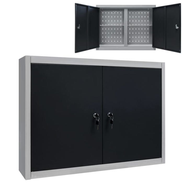 Contemporain Buffet haut Contemporain Armoire à outils murale Style Industriel Métal Gris et noir @87540 @