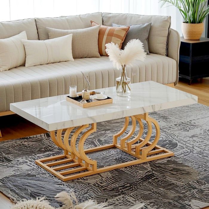 Table basse rectangulaire - 120×50×50cm - Plateau imitation marbre - avec cadre géométrique - Or blanc