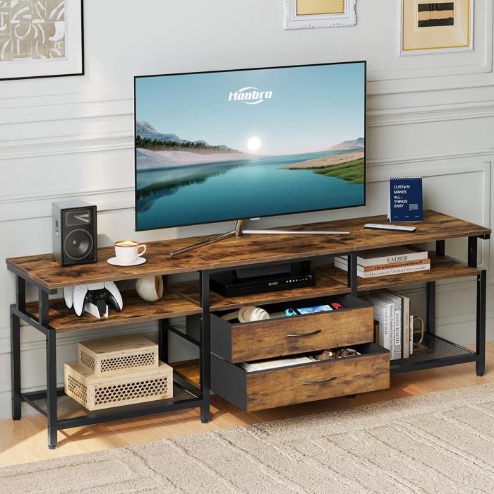 Meuble TV - HOOBRO -160 x 40 x 545 cm- 2 Tiroirs et Étagères - Marron Rustique et Noir