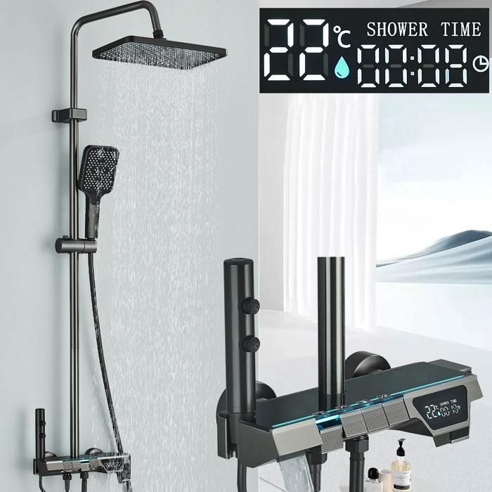 Colonne de Douche avec Mitigeur Mural- Design PianoLumières LED et écran de TempératureSysteme de Douche Pluie Pour Salle de Bain