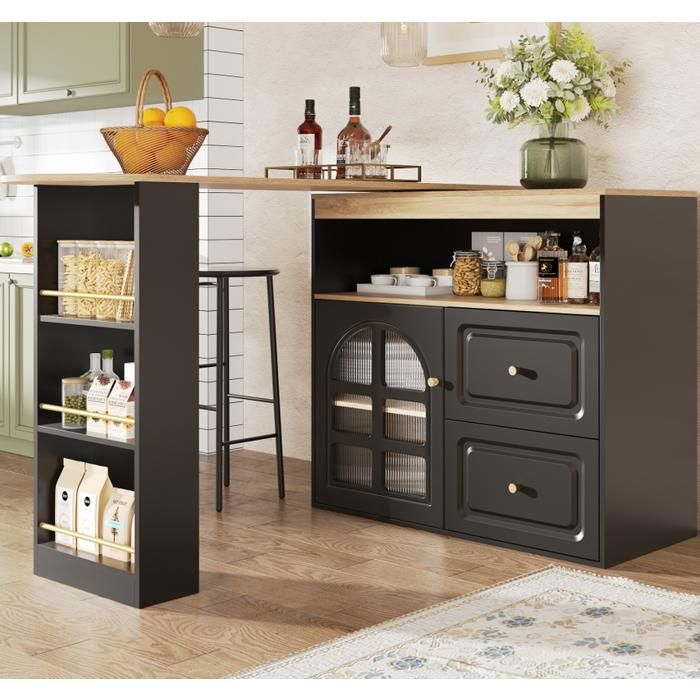 Buffet de Cuisine 2 tiroirs étagère snacks compartiment de rangement ouvert 360°meuble buffet pivotant avec étagères et verre arqué