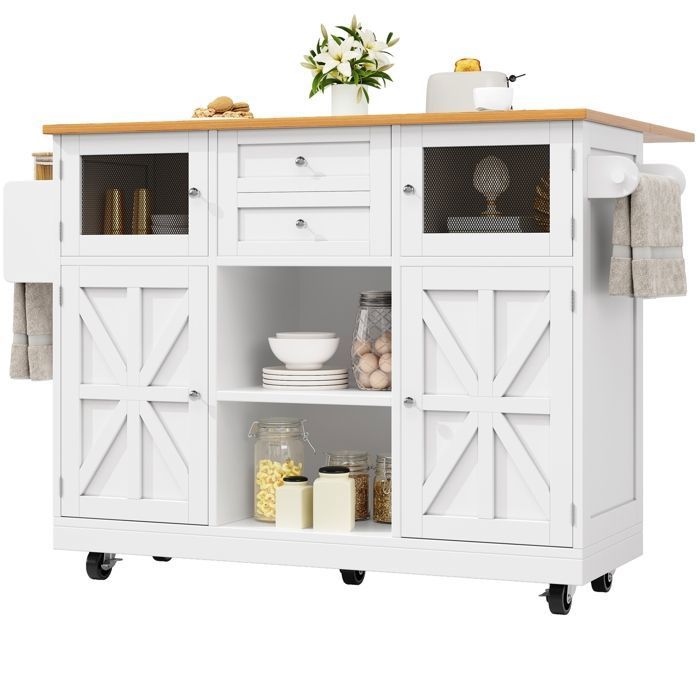 Desserte îlot de Cuisine sur roulettes - Meuble de Cuisine avec Plans de Travail Rabattable Porte-torchons 140x70x93.5 cm - Blanc