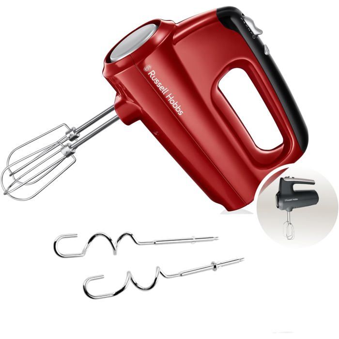 Russell Hobbs Batteur Électrique Desire Rouge – 5 Vitesses + Turbo, Fouets & Crochets Pétrin, Puissant & Ergonomique, Compatible Lave-Vaisselle