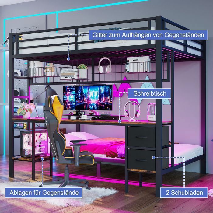 Maisentiel Lit mezzanine 140 x 200 cm avec bureau rangements LED 7 couleurs et USB - Noir