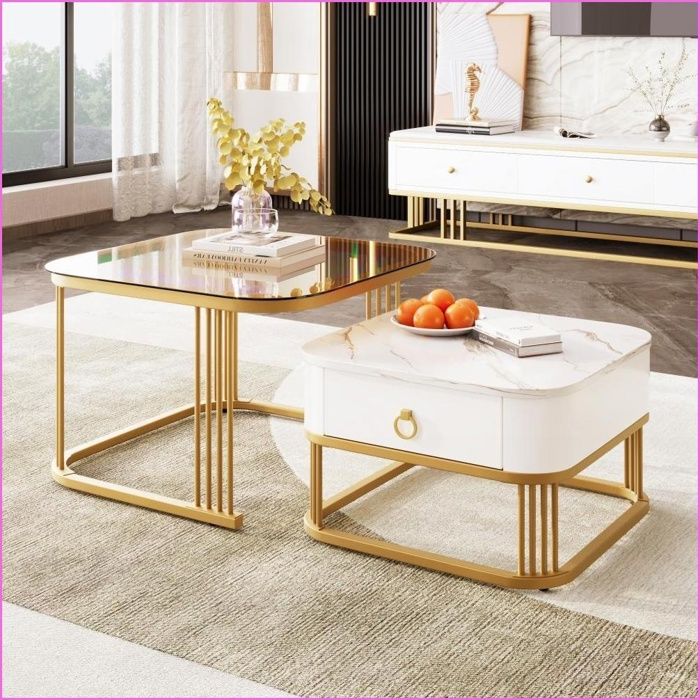 Tables basses modulables - Set de 2 - Optique marbre blanc brillant + verre teebrun - Accents dorés