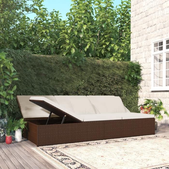 Transat convertible en résine tressée - vidaXL - 200x121 cm - Marron - Coussins blanc crème - Rotin PE