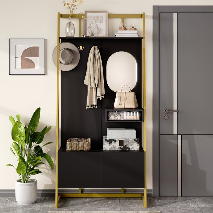 Meuble dEntréeEnsemble de vestiaire Porte-Manteau avec Armoire de Rangement Ouverte multifonction à MiroirCrochets et BancNoir