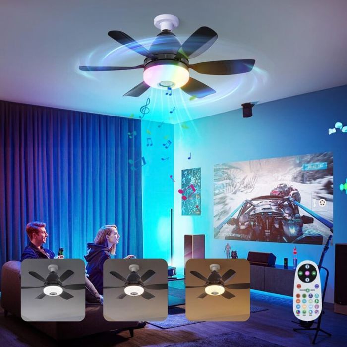 Ventilateur de plafond avec lumière - PZCC - 47 cm - 32W - E27 - 3 vitesses - 6 pales - Télécommande - Couleurs RGB - Pzcc