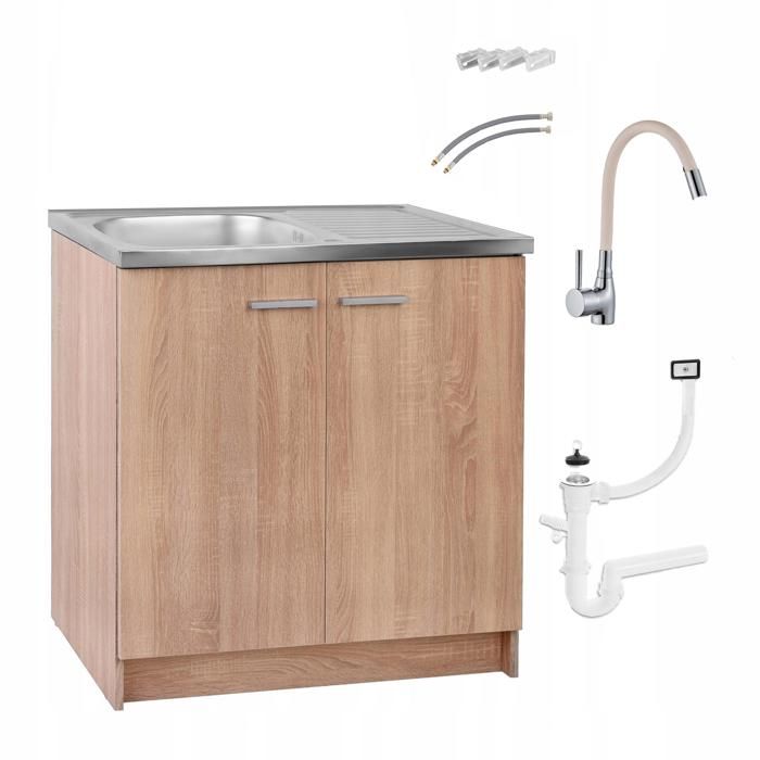 Meuble sous Évier 80 cm Chêne Sonoma + Évier Inox + Robinet Extensible Beige + Siphon LV + Kit - 80x49x82 cm