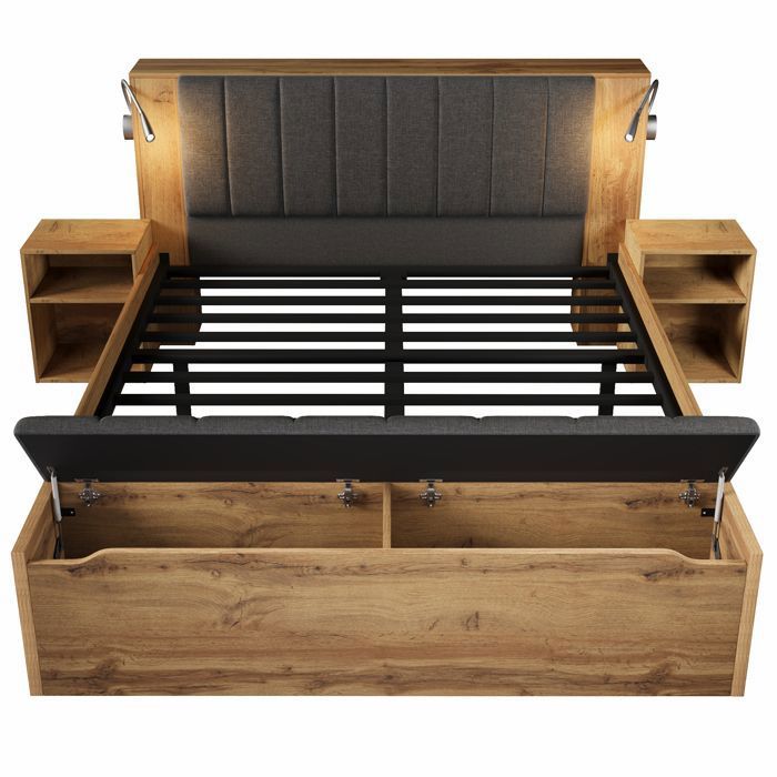 Lit Double 180x200 cm – Chêne – Tête Lit Rabattable – 2 Tables Nuit + Banc – Lampes USB