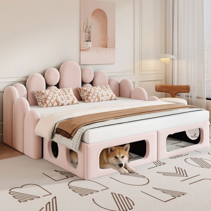 Canapé-lit rembourré - 180x200 cm - Velours doux - Rose - Lit pour animaux intégré - Design polyvalent