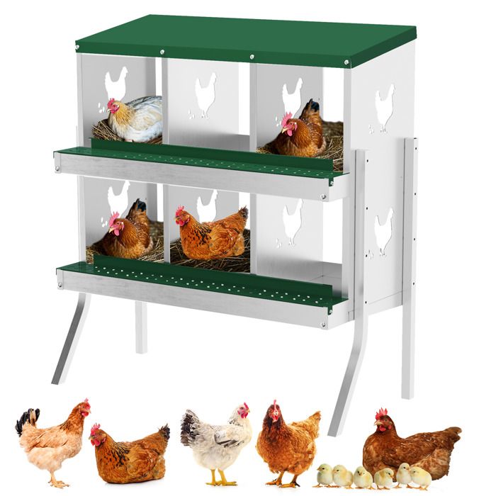 Pondoir Poules Pondeuses 6 Compartiments Poulailler en Acier Galvanisé Collecte des Œufs Couvercle Amovible Pied Vert