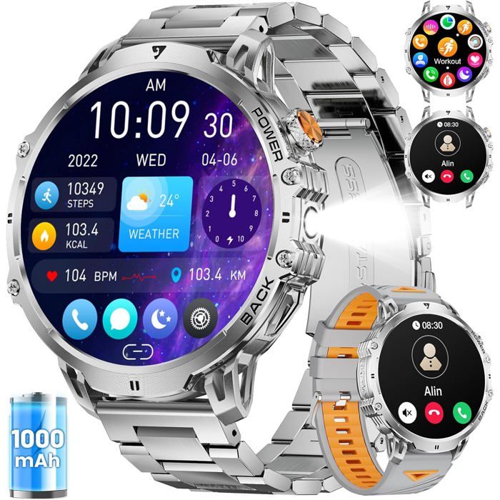 2026 Montre Connectée Homme 1000 mAh/1.85HD Display IP68 Étanche Smartwatch avec LED Lampe/130+ Modes Sport Fitness Tracker Argent