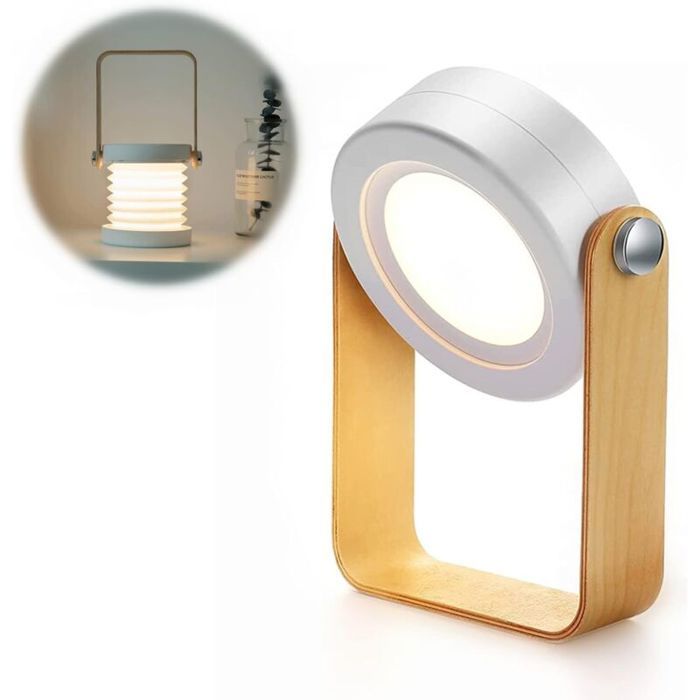 Lampe de table - PZCC - Télescopique Pliante - 3 niveaux de luminosité - Rechargeable USB - Manche en bois