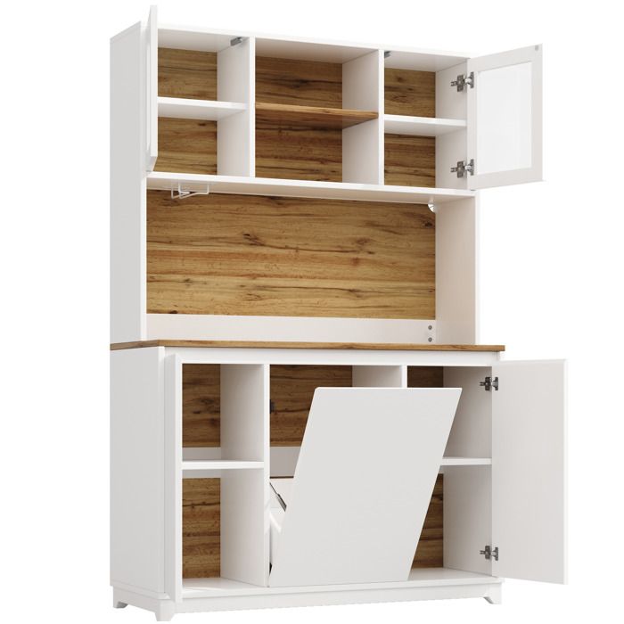 Buffet de cuisine blanc 120 x 40 x 180 cm avec LED porte-verres et compartiment poubelle
