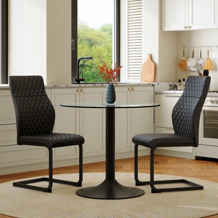 Ensemble table ronde verre+2 chaises salle à manger haut dossier capitonné losange PU noir petit espace repas85x85x76cm43x63x100cm