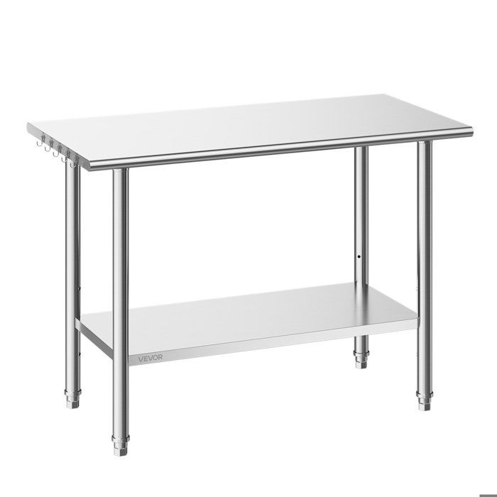 Table de travail inox professionnelle 122x61cm double étagère réglable 5 crochets bords arrondis stable pour cuisine CHR