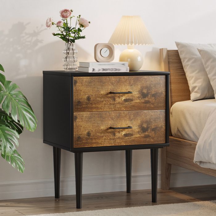 Table de chevet 2 tiroirs style retro industriel rangement MDF brun antique et noir 50 8 x 38 1 x 63 95 cm ORVRYN