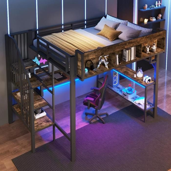 Lit mezzanine - KOMHTOM - 140 x 200 cm - Escalier rangement - LED intégrée USB-C - Style vintage