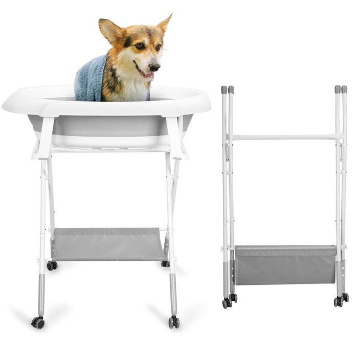 Baignoire Portable pour Chien - Pied réglable en hauteur à 3 niveaux - Drainage pratique pliable Avec roulettes 60×59×113cm gris