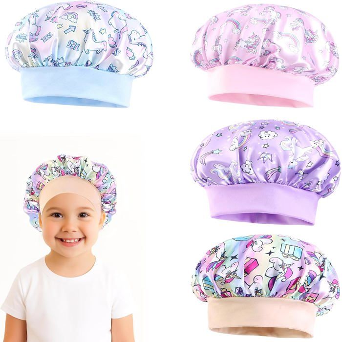 4 Pièces Bonnet de Nuit Enfants en Satin Bonnet Cheveux Réutilisable Casquette de Couchage avec Large Bande Élastique pour Garçons