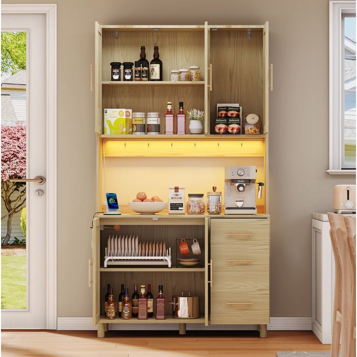 Buffet de Cuisine 183 cm avec 3 Tiroirs 5 Portes LED et 2 Prises USB - MODENVIE - pour Cuisine Naturel 100×40×183 cm