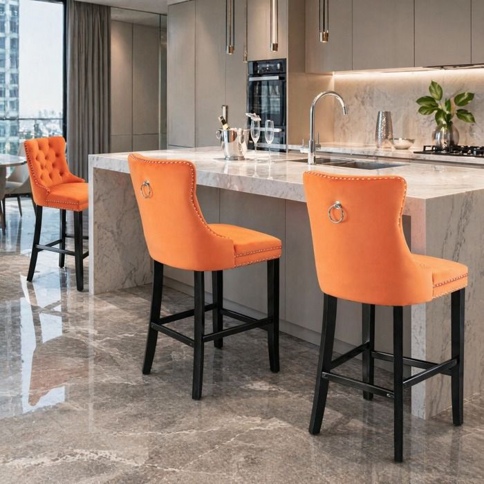 Tabourets De Bar Velours Orange Lot De 2 Sieges Hauts Contemporains FloraGrace Pour Cuisine Dossier Haut 60x47x103 5cm