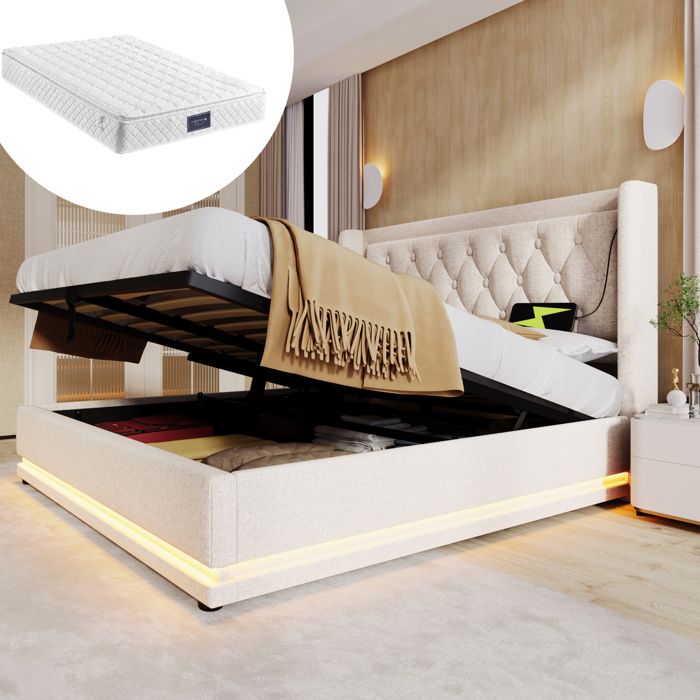 VUENOR Lit coffre 140 x 200 cm beige avec matelas USB Type-C LED 3 côtés
