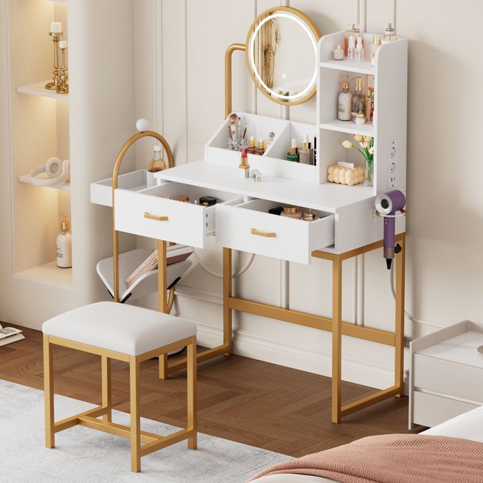 Coiffeuse - ZEVKOR - 80×40×138 5 cm - Miroir LED pivotant - Prise intégrée - 2 tiroirs et tabouret
