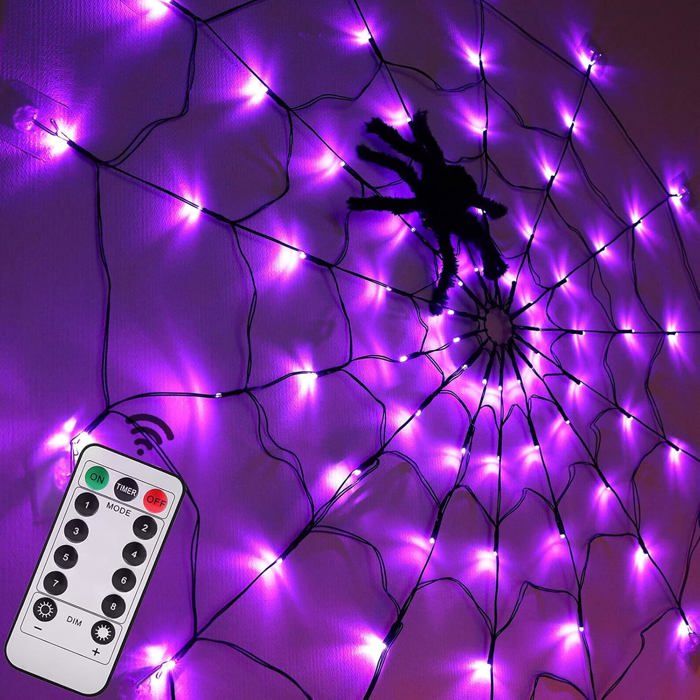 Décoration Halloween Toile d Araignée 12 m avec 70 LED Violettes Télécommande Araignée Noire Lampe Intérieur Extérieur