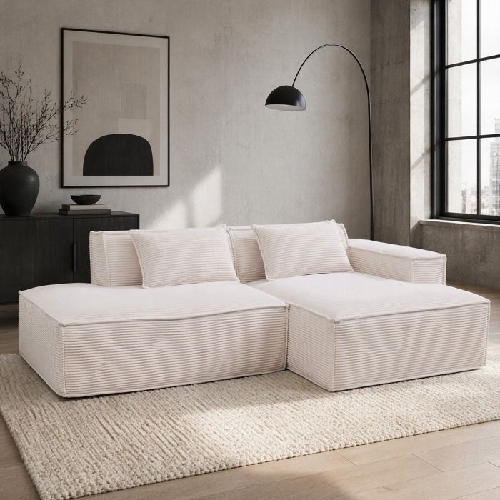 COVREO Canapé d’angle fixe 2 places 235 cm beige en polyester avec 2 coussins