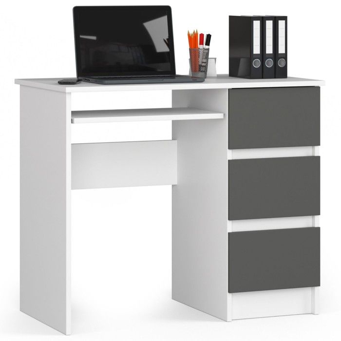Bureau dordinateur AKORD droit A6 Blanc 90 cm 3 tiroirs façade Gris Graphite 1 étagère 90x50x77 cm